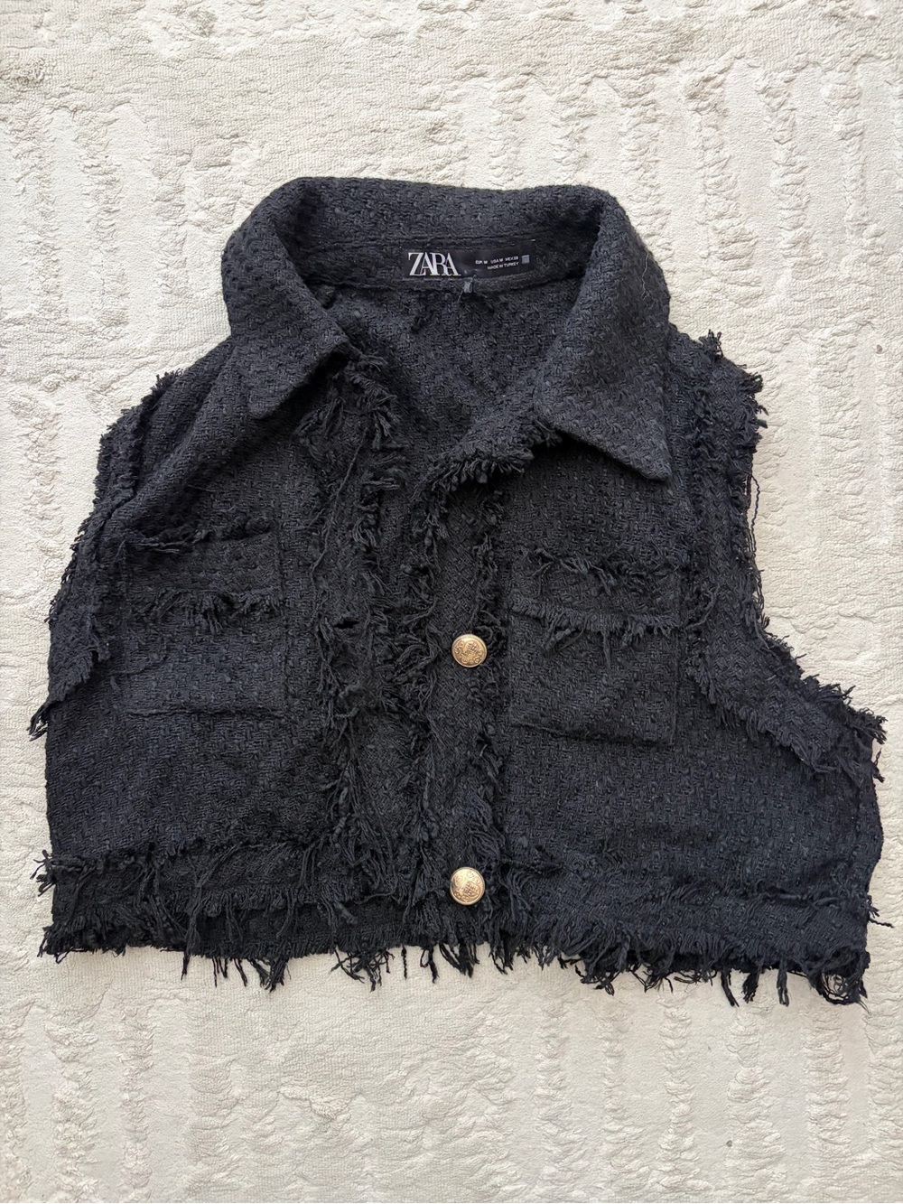 Zara Black Frayed Tweed Cropped Vest with Gold Buttons